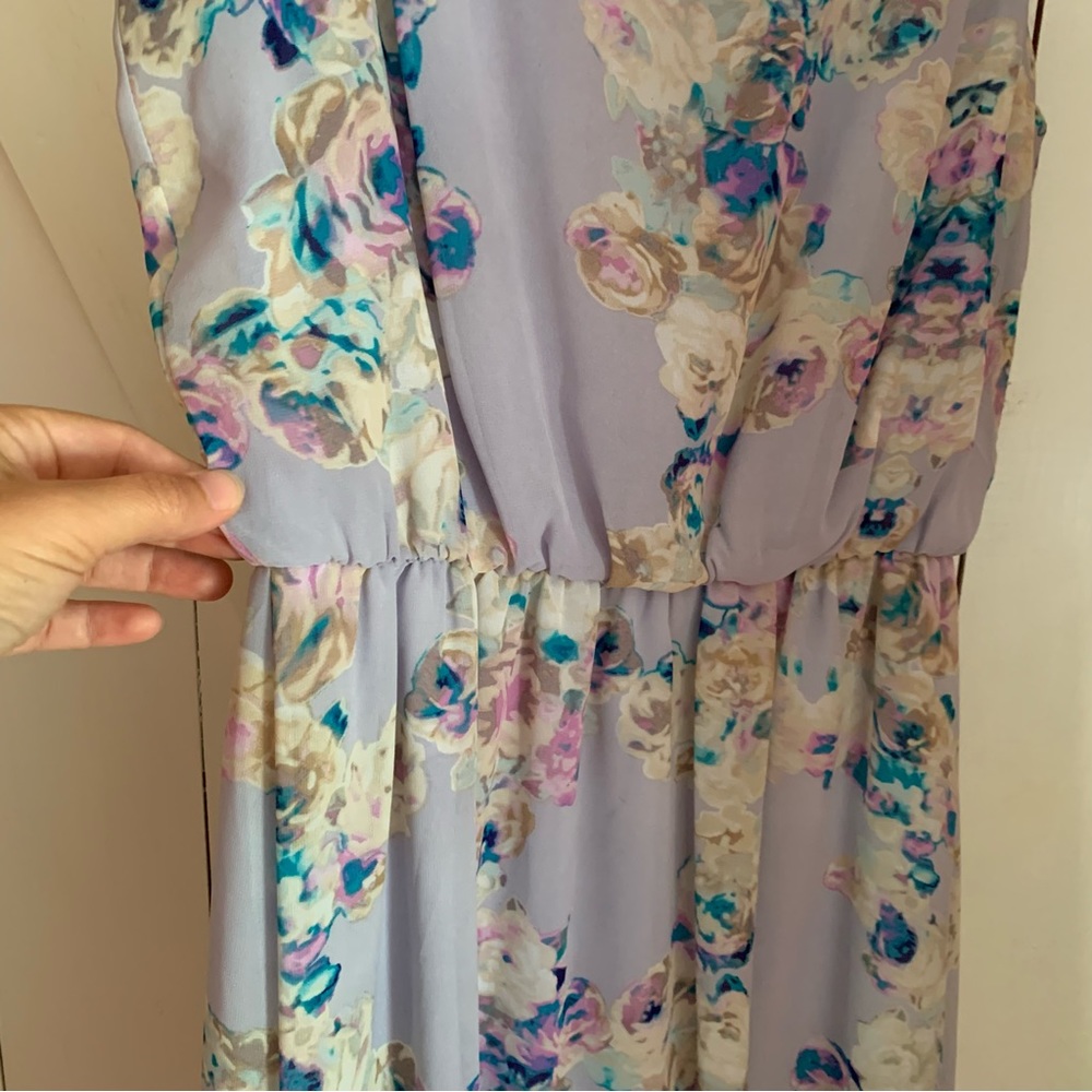 Lilac Lavender Floral Print Asymmetrical Flowy Feminine Boho Cottagecore Dress - Picture 6 of 7
